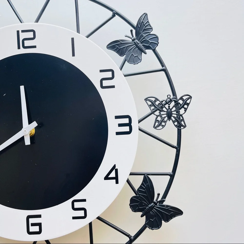 Black And White Metal Wall Clock With Butterfly Design Home Decor 13.5” Diameter
